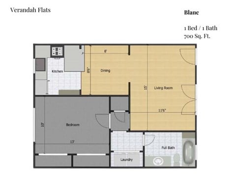 Floor plan for 1 bed, 1 bath, 700 sqft